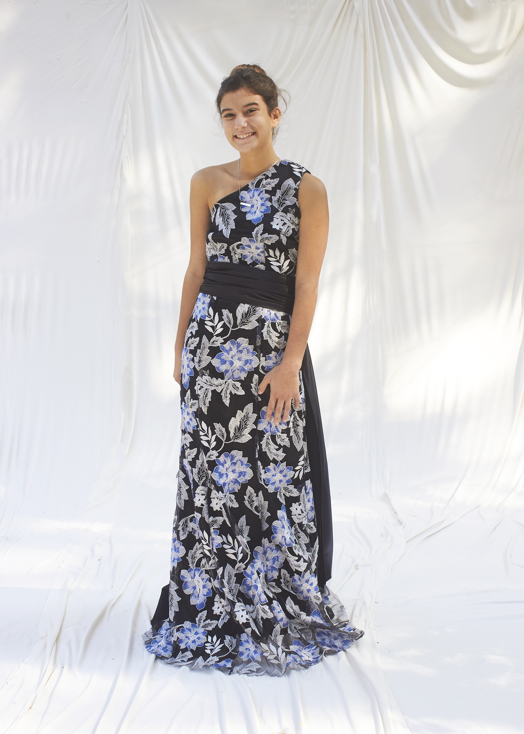 Floral silver brocade gown with black waistband