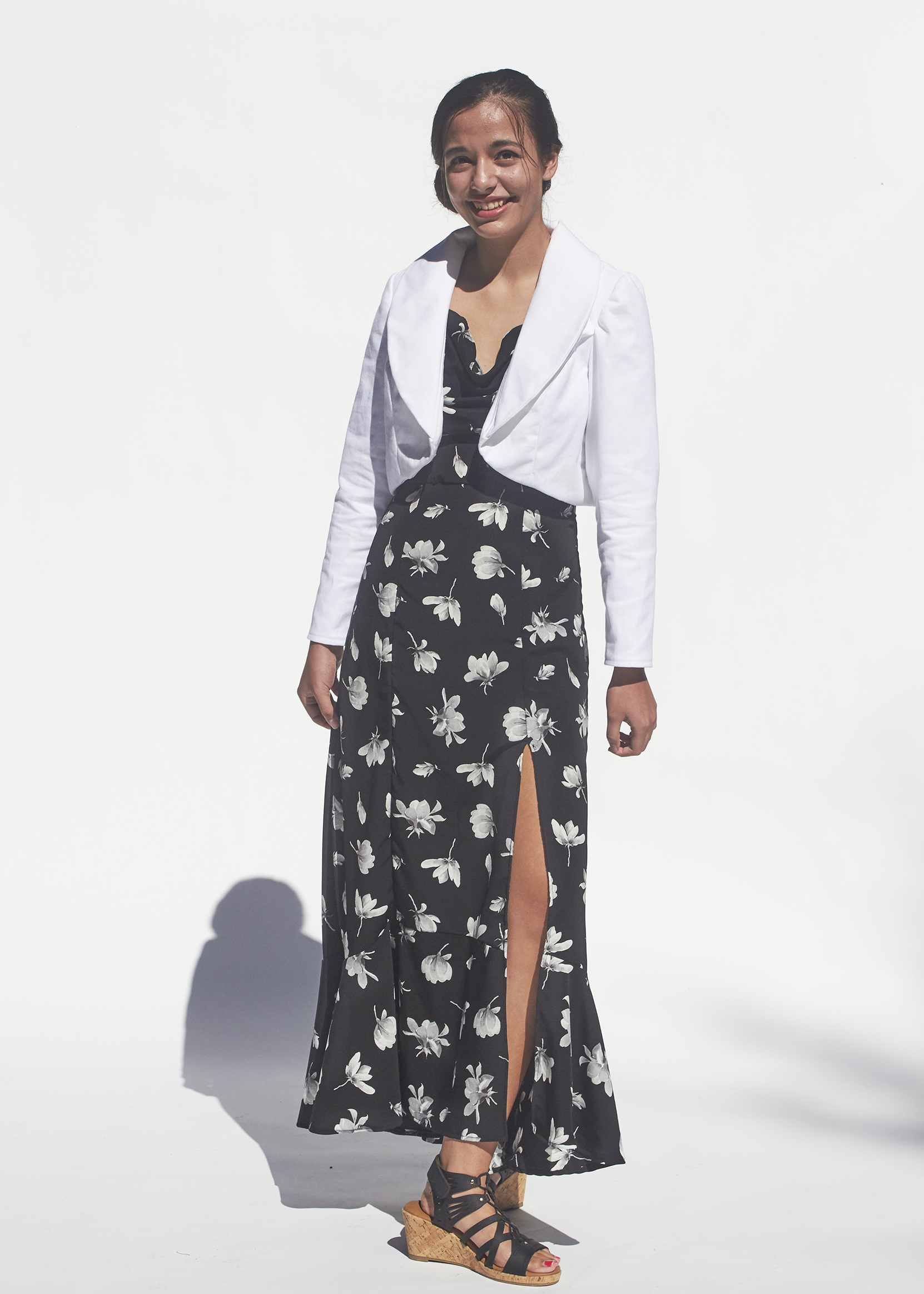 Floral black and white dress with slit and shawl collared white denim jacket