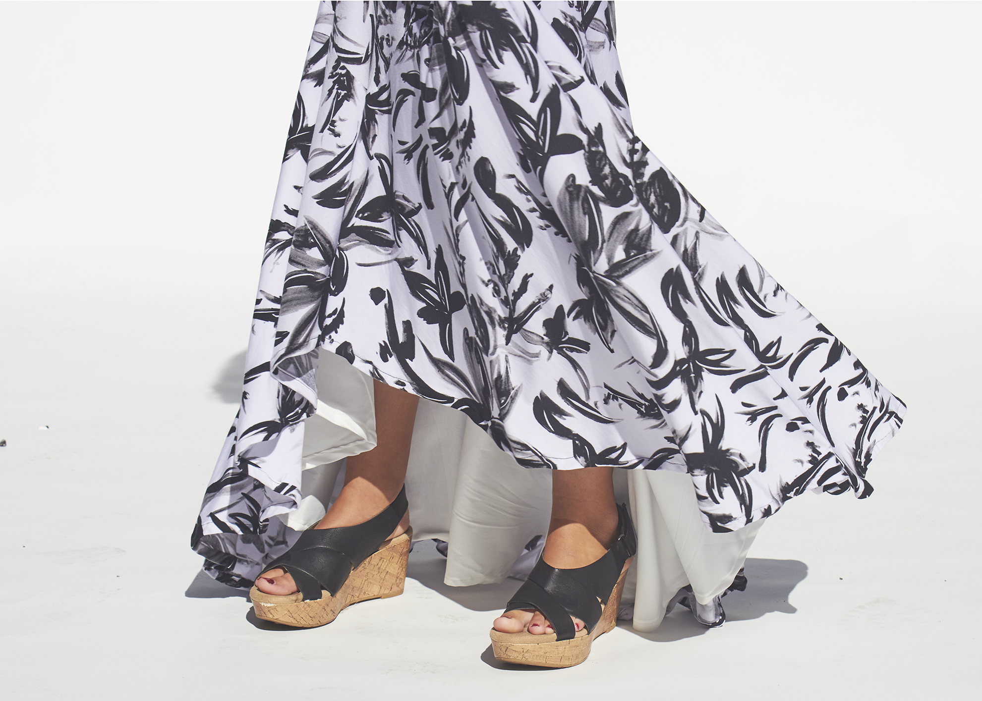 Black and white floral skirt in motion