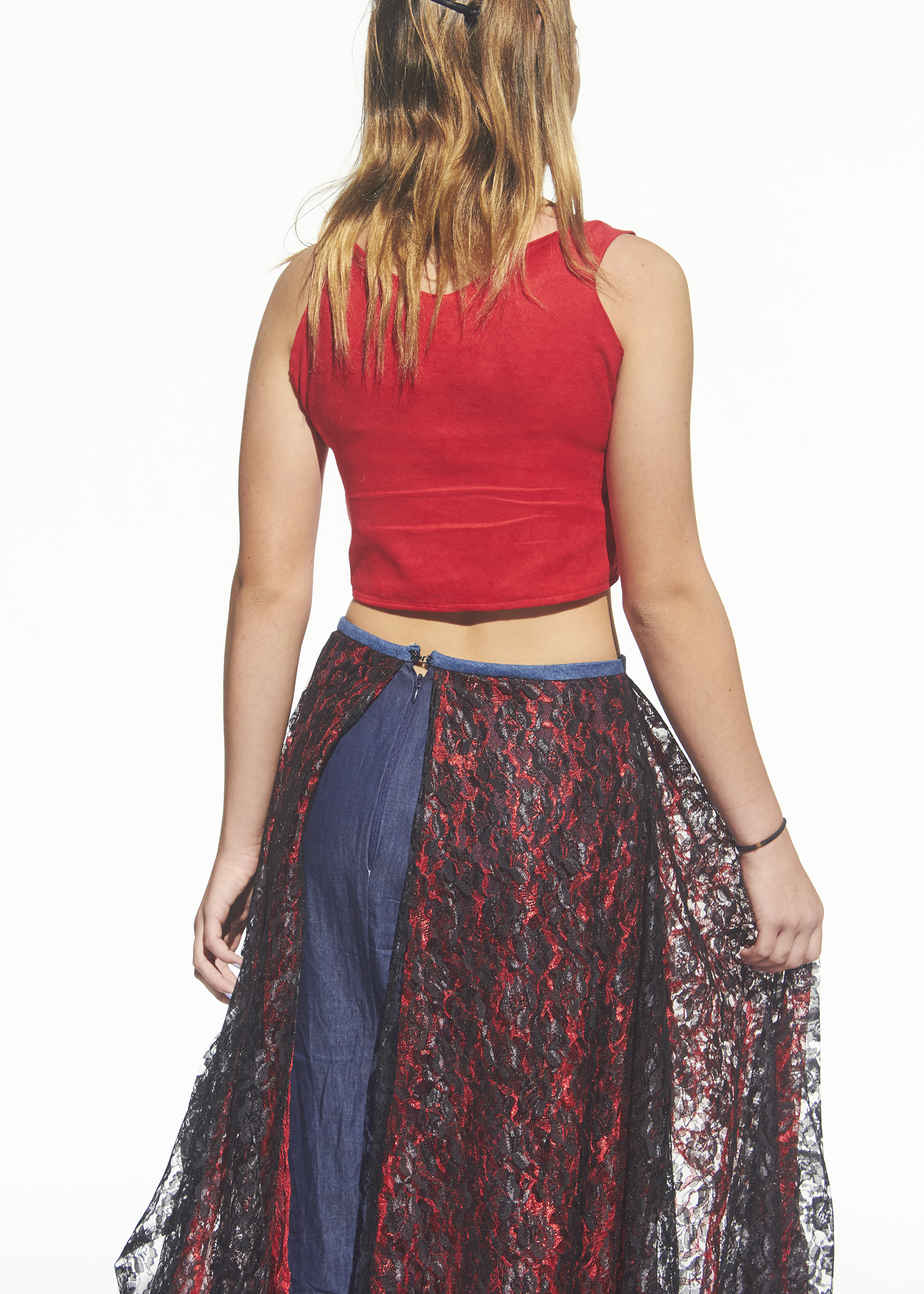 Back view of lace skirt and red top