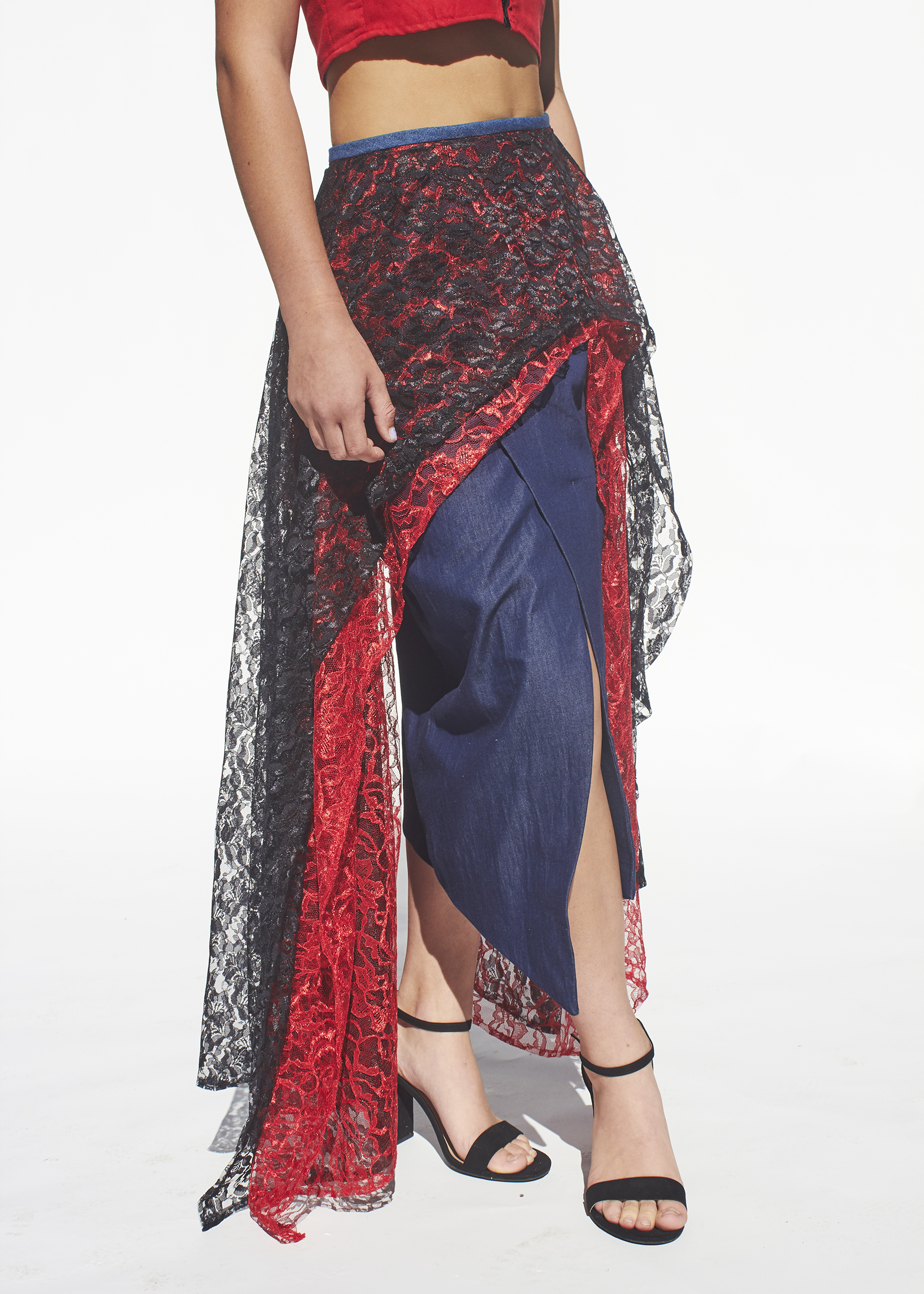 photo of red and black lace over lay denim skirt